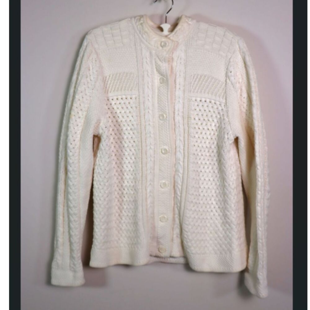 LL Bean Cable Knit Sweater Large Cream 100% Cotton Button Front Collared